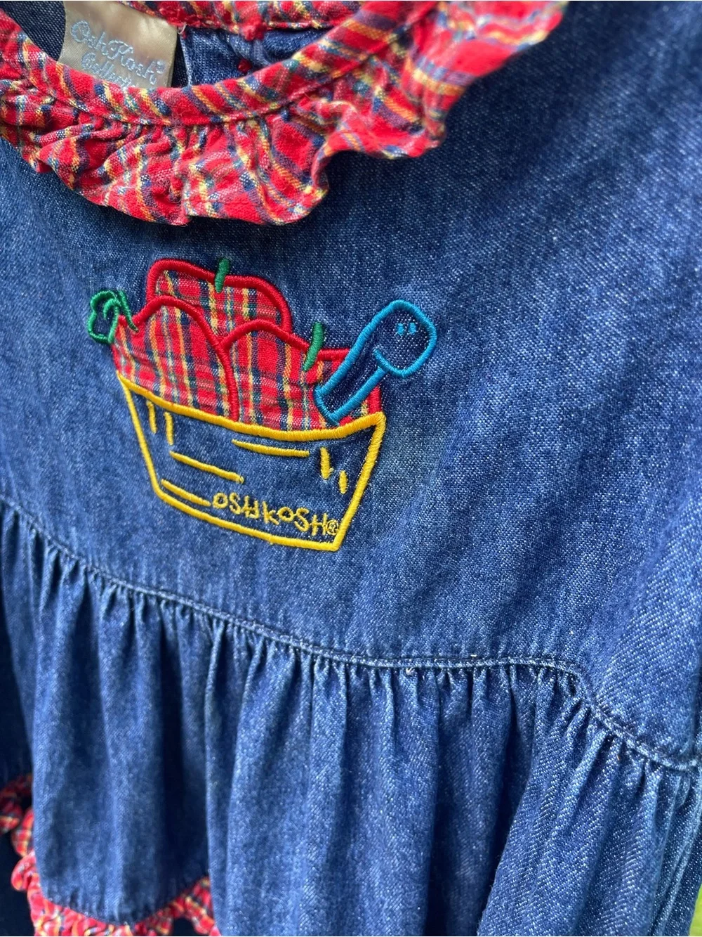 Vintage OshKosh Collection 100% Cotton Denim Tiered Dress w/ Plaid Ruffles